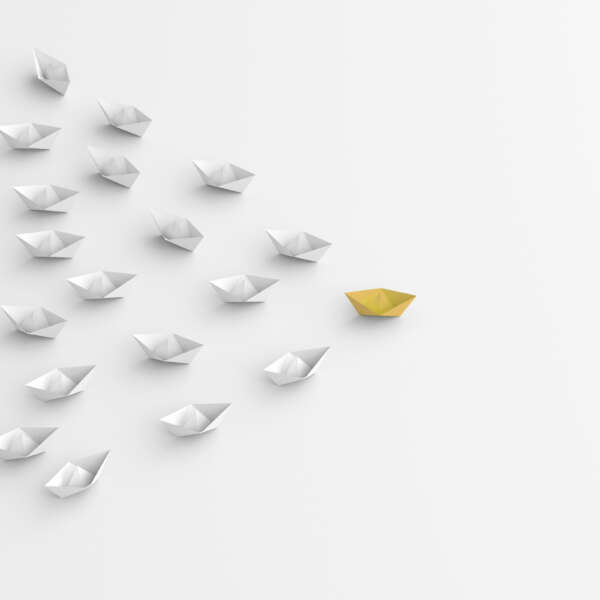 Leadership concept, blue leader boat leading white boats, on white background. 3D Rendering